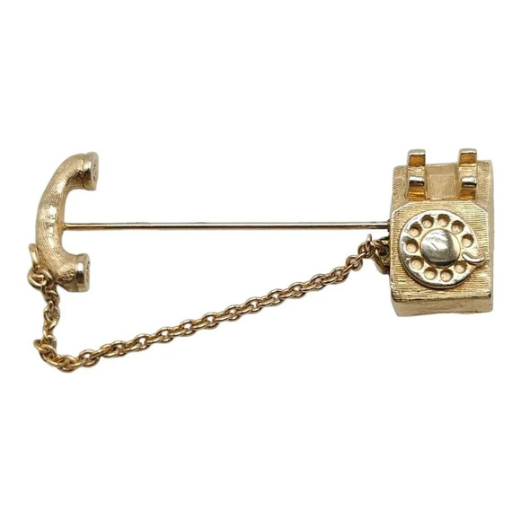 Avon Rotary Telephone Lapel Stick Pin Hanging Chain Gold Tone Vintage - Picture 1 of 4